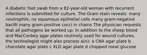 A diabetic foot swab from a 82-year-old woman with recurrent infections is submitted for culture. The Gram stain reveals: many neutrophils, no squamous epithelial cells many gram-negative bacilli many gram-positive cocci in chains The physician requests that all pathogens be worked up. In addition to the sheep blood and MacConkey agar plates routinely used for wound cultures, the technologist might also process a(n): a CNA agar plate b chocolate agar plate c XLD agar plate d chopped meat glucose