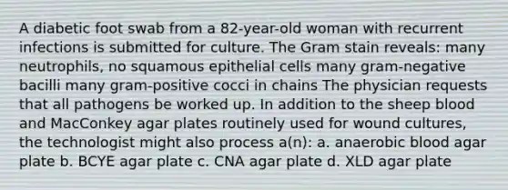 A diabetic foot swab from a 82-year-old woman with recurrent infections is submitted for culture. The Gram stain reveals: many neutrophils, no squamous epithelial cells many gram-negative bacilli many gram-positive cocci in chains The physician requests that all pathogens be worked up. In addition to the sheep blood and MacConkey agar plates routinely used for wound cultures, the technologist might also process a(n): a. anaerobic blood agar plate b. BCYE agar plate c. CNA agar plate d. XLD agar plate