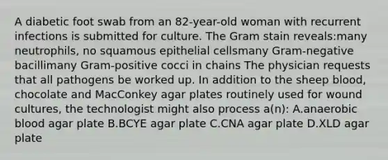 A diabetic foot swab from an 82-year-old woman with recurrent infections is submitted for culture. The Gram stain reveals:many neutrophils, no squamous epithelial cellsmany Gram-negative bacillimany Gram-positive cocci in chains The physician requests that all pathogens be worked up. In addition to the sheep blood, chocolate and MacConkey agar plates routinely used for wound cultures, the technologist might also process a(n): A.anaerobic blood agar plate B.BCYE agar plate C.CNA agar plate D.XLD agar plate