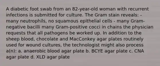 A diabetic foot swab from an 82-year-old woman with recurrent infections is submitted for culture. The Gram stain reveals: - many neutrophils, no squamous epithelial cells - many Gram-negative bacilli many Gram-positive cocci in chains the physician requests that all pathogens be worked up. In addition to the sheep blood, chocolate and MacConkey agar plates routinely used for wound cultures, the technologist might also process a(n): a. anaerobic blood agar plate b. BCYE agar plate c. CNA agar plate d. XLD agar plate