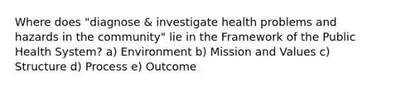 Where does "diagnose & investigate health problems and hazards in the community" lie in the Framework of the Public Health System? a) Environment b) Mission and Values c) Structure d) Process e) Outcome