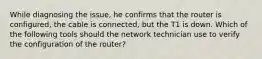 While diagnosing the issue, he confirms that the router is configured, the cable is connected, but the T1 is down. Which of the following tools should the network technician use to verify the configuration of the router?