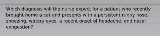 Which diagnosis will the nurse expect for a patient who recently brought home a cat and presents with a persistent runny nose, sneezing, watery eyes, a recent onset of headache, and nasal congestion?