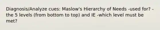 Diagnosis/Analyze cues: Maslow's Hierarchy of Needs -used for? -the 5 levels (from bottom to top) and IE -which level must be met?