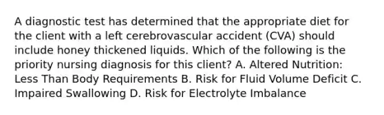 A diagnostic test has determined that the appropriate diet for the client with a left cerebrovascular accident (CVA) should include honey thickened liquids. Which of the following is the priority nursing diagnosis for this client? A. Altered Nutrition: Less Than Body Requirements B. Risk for Fluid Volume Deficit C. Impaired Swallowing D. Risk for Electrolyte Imbalance