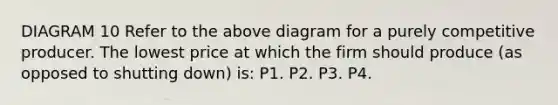 DIAGRAM 10 Refer to the above diagram for a purely competitive producer. The lowest price at which the firm should produce (as opposed to shutting down) is: P1. P2. P3. P4.