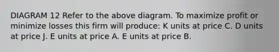 DIAGRAM 12 Refer to the above diagram. To maximize profit or minimize losses this firm will produce: K units at price C. D units at price J. E units at price A. E units at price B.