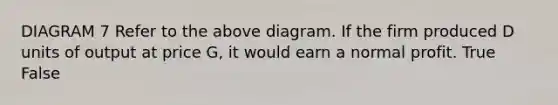 DIAGRAM 7 Refer to the above diagram. If the firm produced D units of output at price G, it would earn a normal profit. True False