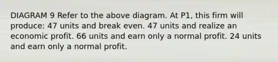 DIAGRAM 9 Refer to the above diagram. At P1, this firm will produce: 47 units and break even. 47 units and realize an economic profit. 66 units and earn only a normal profit. 24 units and earn only a normal profit.