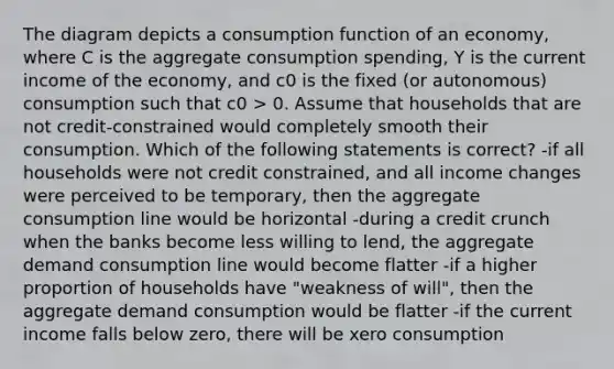 The diagram depicts a consumption function of an economy, where C is the aggregate consumption spending, Y is the current income of the economy, and c0 is the fixed (or autonomous) consumption such that c0 > 0. Assume that households that are not credit-constrained would completely smooth their consumption. Which of the following statements is correct? -if all households were not credit constrained, and all income changes were perceived to be temporary, then the aggregate consumption line would be horizontal -during a credit crunch when the banks become less willing to lend, the aggregate demand consumption line would become flatter -if a higher proportion of households have "weakness of will", then the aggregate demand consumption would be flatter -if the current income falls below zero, there will be xero consumption