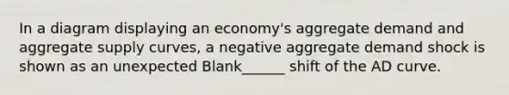 In a diagram displaying an economy's aggregate demand and aggregate supply curves, a negative aggregate demand shock is shown as an unexpected Blank______ shift of the AD curve.