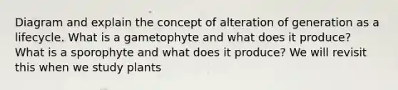 Diagram and explain the concept of alteration of generation as a lifecycle. What is a gametophyte and what does it produce? What is a sporophyte and what does it produce? We will revisit this when we study plants