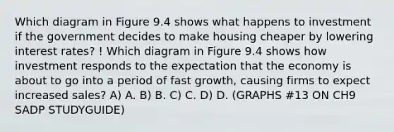 Which diagram in Figure 9.4 shows what happens to investment if the government decides to make housing cheaper by lowering interest rates? ! Which diagram in Figure 9.4 shows how investment responds to the expectation that the economy is about to go into a period of fast growth, causing firms to expect increased sales? A) A. B) B. C) C. D) D. (GRAPHS #13 ON CH9 SADP STUDYGUIDE)