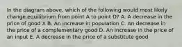 In the diagram above, which of the following would most likely change equilibrium from point A to point D? A. A decrease in the price of good X B. An increase in population C. An decrease in the price of a complementary good D. An increase in the price of an input E. A decrease in the price of a substitute good