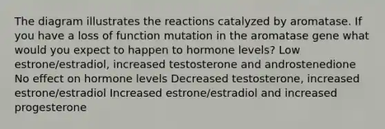 The diagram illustrates the reactions catalyzed by aromatase. If you have a loss of function mutation in the aromatase gene what would you expect to happen to hormone levels? Low estrone/estradiol, increased testosterone and androstenedione No effect on hormone levels Decreased testosterone, increased estrone/estradiol Increased estrone/estradiol and increased progesterone