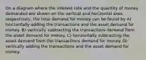 On a diagram where the interest rate and the quantity of money demanded are shown on the vertical and horizontal axes respectively, the total demand for money can be found by A) horizontally adding the transactions and the asset demand for money. B) vertically subtracting the transactions demand from the asset demand for money. C) horizontally subtracting the asset demand from the transactions demand for money. D) vertically adding the transactions and the asset demand for money.