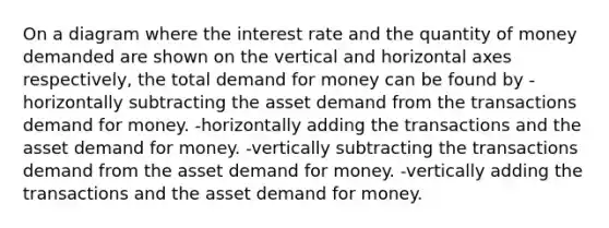 On a diagram where the interest rate and the quantity of money demanded are shown on the vertical and horizontal axes respectively, the total demand for money can be found by -horizontally subtracting the asset demand from the transactions demand for money. -horizontally adding the transactions and the asset demand for money. -vertically subtracting the transactions demand from the asset demand for money. -vertically adding the transactions and the asset demand for money.