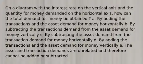 On a diagram with the interest rate on the vertical axis and the quantity for money demanded on the horizontal axis, how can the total demand for money be obtained ? a. By adding the transactions and the asset demand for money horizontally b. By subtracting the transactions demand from the asset demand for money vertically c. By subtracting the asset demand from the transaction demand for money horizontally d. By adding the transactions and the asset demand for money vertically e. The asset and transaction demands are unrelated and therefore cannot be added or subtracted