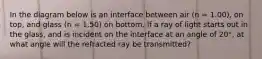 In the diagram below is an interface between air (n = 1.00), on top, and glass (n = 1.50) on bottom. If a ray of light starts out in the glass, and is incident on the interface at an angle of 20°, at what angle will the refracted ray be transmitted?