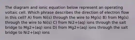 The diagram and ionic equation below represent an operating voltaic cell. Which phrase describes the direction of electron flow in this cell? A) from Ni(s) through the wire to Mg(s) B) from Mg(s) through the wire to Ni(s) C) from Ni2+(aq) ions through the salt bridge to Mg2+(aq) ions D) from Mg2+(aq) ions through the salt bridge to Ni2+(aq) ions