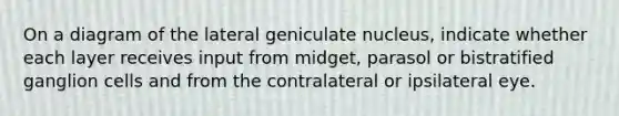 On a diagram of the lateral geniculate nucleus, indicate whether each layer receives input from midget, parasol or bistratified ganglion cells and from the contralateral or ipsilateral eye.