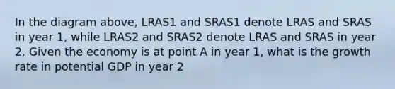 In the diagram​ above, LRAS1 and SRAS1 denote LRAS and SRAS in year​ 1, while LRAS2 and SRAS2 denote LRAS and SRAS in year 2. Given the economy is at point A in year​ 1, what is the growth rate in potential GDP in year​ 2