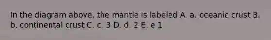 In the diagram above, the mantle is labeled A. a. oceanic crust B. b. continental crust C. c. 3 D. d. 2 E. e 1