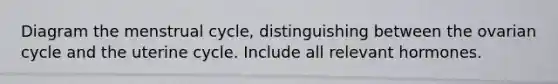 Diagram the menstrual cycle, distinguishing between the ovarian cycle and the uterine cycle. Include all relevant hormones.