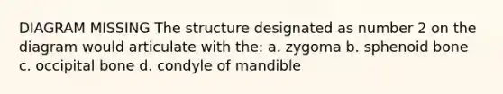 DIAGRAM MISSING The structure designated as number 2 on the diagram would articulate with the: a. zygoma b. sphenoid bone c. occipital bone d. condyle of mandible