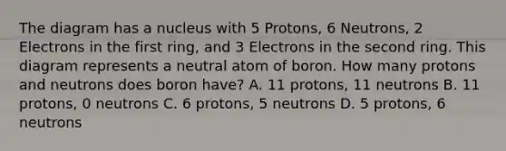 The diagram has a nucleus with 5 Protons, 6 Neutrons, 2 Electrons in the first ring, and 3 Electrons in the second ring. This diagram represents a neutral atom of boron. How many protons and neutrons does boron have? A. 11 protons, 11 neutrons B. 11 protons, 0 neutrons C. 6 protons, 5 neutrons D. 5 protons, 6 neutrons