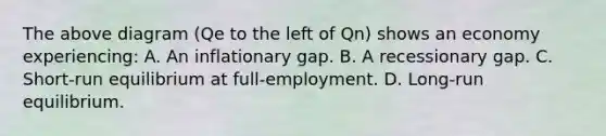 The above diagram (Qe to the left of Qn) shows an economy experiencing: A. An inflationary gap. B. A recessionary gap. C. Short-run equilibrium at full-employment. D. Long-run equilibrium.