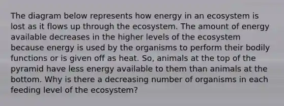 The diagram below represents how energy in an ecosystem is lost as it flows up through the ecosystem. The amount of energy available decreases in the higher levels of the ecosystem because energy is used by the organisms to perform their bodily functions or is given off as heat. So, animals at the top of the pyramid have less energy available to them than animals at the bottom. Why is there a decreasing number of organisms in each feeding level of the ecosystem?