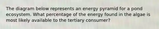 The diagram below represents an energy pyramid for a pond ecosystem.​​​​ What percentage of the energy found in the algae is most likely available to the tertiary consumer?