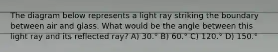 The diagram below represents a light ray striking the boundary between air and glass. What would be the angle between this light ray and its reflected ray? A) 30.° B) 60.° C) 120.° D) 150.°