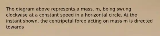 The diagram above represents a mass, m, being swung clockwise at a constant speed in a horizontal circle. At the instant shown, the centripetal force acting on mass m is directed towards