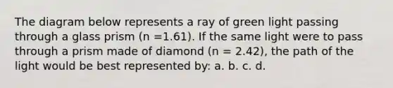 The diagram below represents a ray of green light passing through a glass prism (n =1.61). If the same light were to pass through a prism made of diamond (n = 2.42), the path of the light would be best represented by: a. b. c. d.