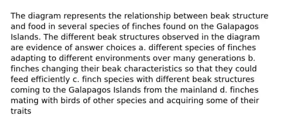 The diagram represents the relationship between beak structure and food in several species of finches found on the Galapagos Islands. The different beak structures observed in the diagram are evidence of answer choices a. different species of finches adapting to different environments over many generations b. finches changing their beak characteristics so that they could feed efficiently c. finch species with different beak structures coming to the Galapagos Islands from the mainland d. finches mating with birds of other species and acquiring some of their traits