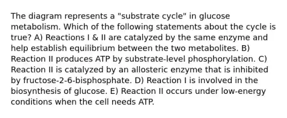 The diagram represents a "substrate cycle" in glucose metabolism. Which of the following statements about the cycle is true? A) Reactions I & II are catalyzed by the same enzyme and help establish equilibrium between the two metabolites. B) Reaction II produces ATP by substrate-level phosphorylation. C) Reaction II is catalyzed by an allosteric enzyme that is inhibited by fructose-2-6-bisphosphate. D) Reaction I is involved in the biosynthesis of glucose. E) Reaction II occurs under low-energy conditions when the cell needs ATP.