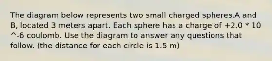 The diagram below represents two small charged spheres,A and B, located 3 meters apart. Each sphere has a charge of +2.0 * 10 ^-6 coulomb. Use the diagram to answer any questions that follow. (the distance for each circle is 1.5 m)