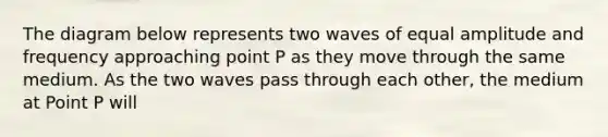 The diagram below represents two waves of equal amplitude and frequency approaching point P as they move through the same medium. As the two waves pass through each other, the medium at Point P will