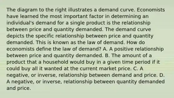 The diagram to the right illustrates a demand curve. Economists have learned the most important factor in determining an​ individual's demand for a single product is the relationship between price and quantity demanded. The demand curve depicts the specific relationship between price and quantity demanded. This is known as the law of demand. How do economists define the law of​ demand? A. A positive relationship between price and quantity demanded. B. The amount of a product that a household would buy in a given time period if it could buy all it wanted at the current market price. C. A​ negative, or​ inverse, relationship between demand and price. D. A​ negative, or​ inverse, relationship between quantity demanded and price.