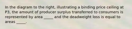 In the diagram to the​ right, illustrating a binding price ceiling at P3​, the amount of producer surplus transferred to consumers is represented by area _____ and the deadweight loss is equal to areas _____.