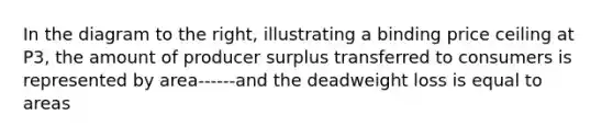 In the diagram to the​ right, illustrating a binding price ceiling at P3​, the amount of producer surplus transferred to consumers is represented by area------and the deadweight loss is equal to areas