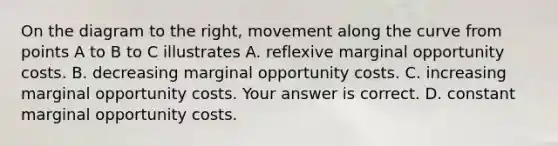 On the diagram to the​ right, movement along the curve from points A to B to C illustrates A. reflexive marginal opportunity costs. B. decreasing marginal opportunity costs. C. increasing marginal opportunity costs. Your answer is correct. D. constant marginal opportunity costs.