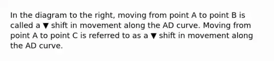 In the diagram to the​ right, moving from point A to point B is called a ▼ shift in movement along the AD curve. Moving from point A to point C is referred to as a ▼ shift in movement along the AD curve.