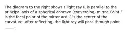 The diagram to the right shows a light ray R is parallel to the principal axis of a spherical concave (converging) mirror. Point F is the focal point of the mirror and C is the center of the curvature. After reflecting, the light ray will pass through point _____.