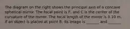 The diagram on the right shows the principal axis of a concave spherical mirror. The focal point is F, and C is the center of the curvature of the mirror. The focal length of the mirror is 0.10 m. If an object is placed at point B, its image is _______ and _______