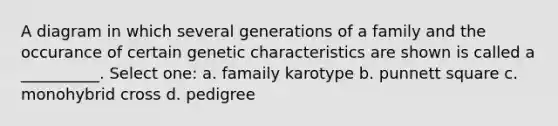 A diagram in which several generations of a family and the occurance of certain genetic characteristics are shown is called a __________. Select one: a. famaily karotype b. punnett square c. monohybrid cross d. pedigree