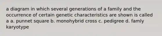 a diagram in which several generations of a family and the occurrence of certain genetic characteristics are shown is called a a. punnet square b. monohybrid cross c. pedigree d. famly karyotype