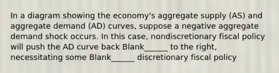 In a diagram showing the economy's aggregate supply (AS) and aggregate demand (AD) curves, suppose a negative aggregate demand shock occurs. In this case, nondiscretionary fiscal policy will push the AD curve back Blank______ to the right, necessitating some Blank______ discretionary fiscal policy